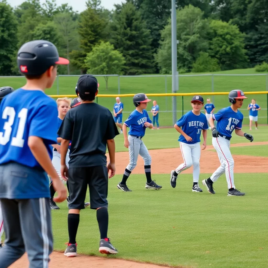 Young athletes playing baseball on a sunny day in Bucks County