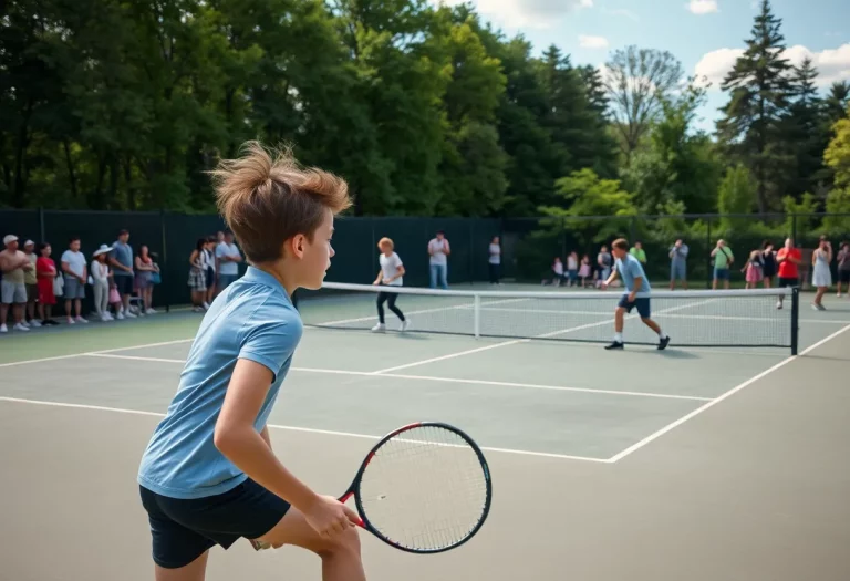 Young athletes competing in a tennis match on a bright day.