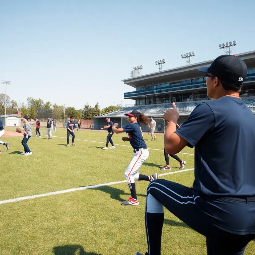Freshmen players practicing baseball on a sunny day in California
