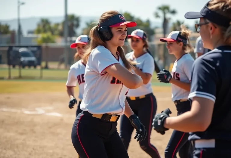 High school softball players in California competing on the field