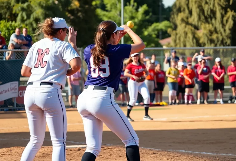 A group of high school female pitchers in action during a softball game in California.