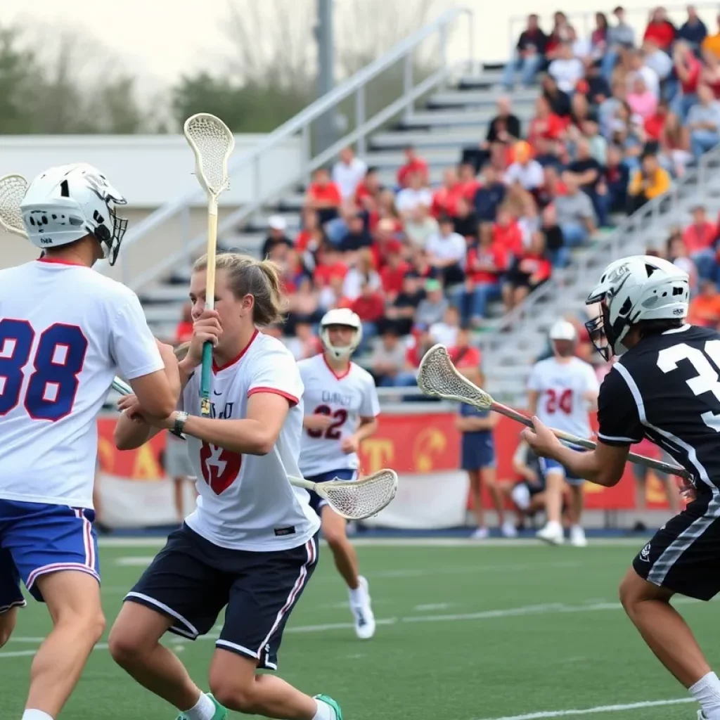High school lacrosse players in action during a game