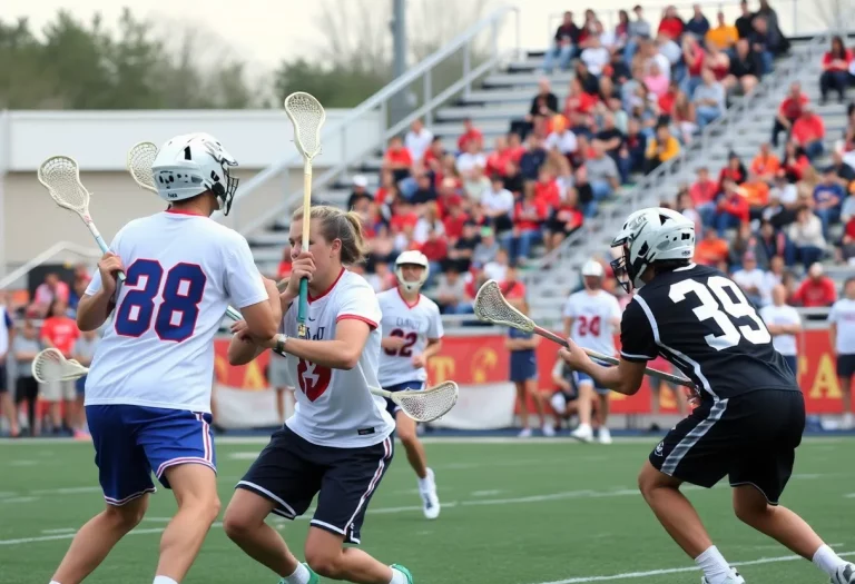 High school lacrosse players in action during a game
