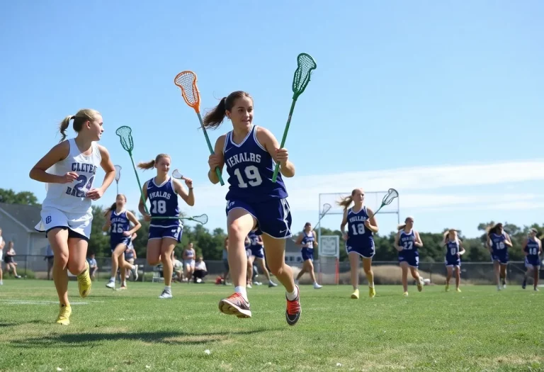 Girls lacrosse game in Cape Cod with players competing on the field.