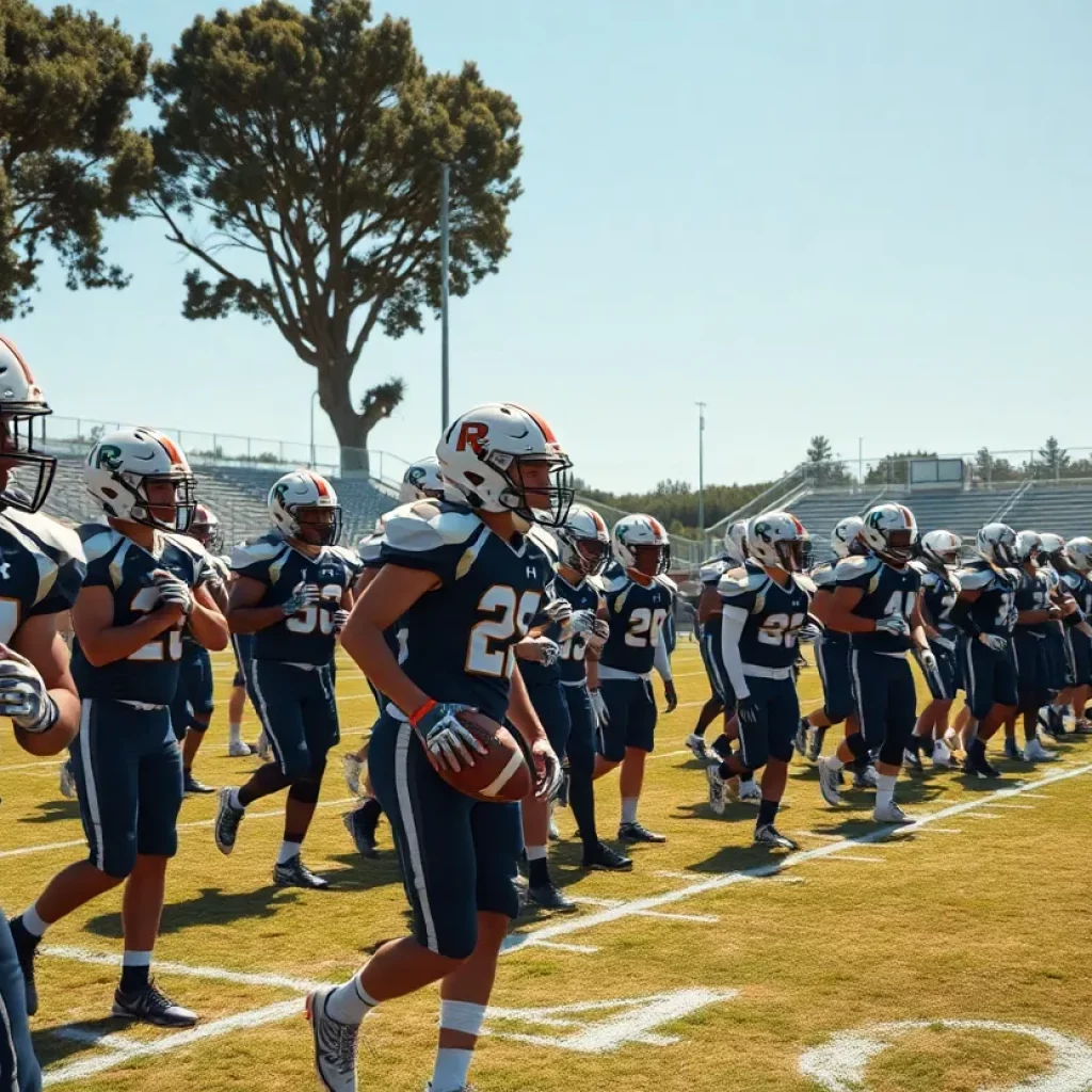 High school football team practicing on a sunny day