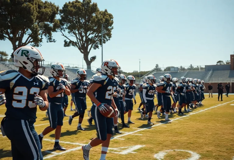 High school football team practicing on a sunny day