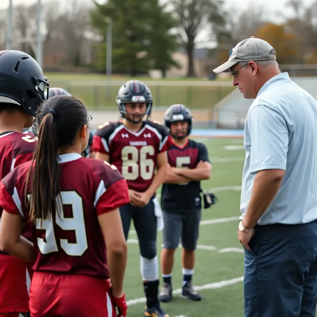 Football coach working with high school team on strategy