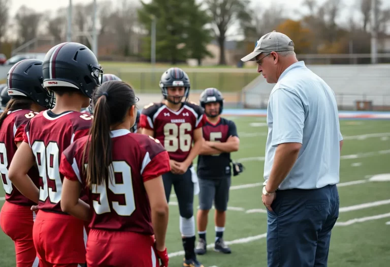 Football coach working with high school team on strategy