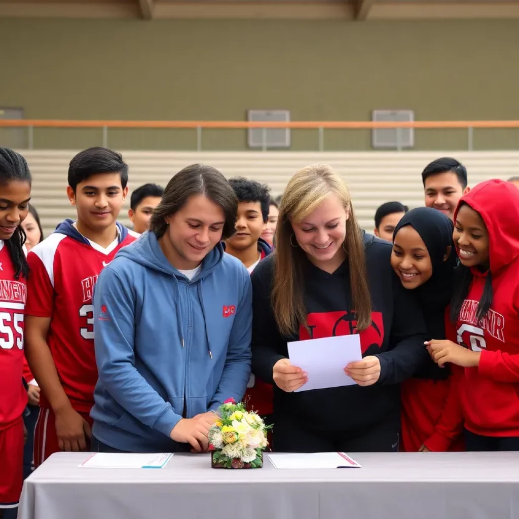 Athletes and coaches celebrating a signing ceremony.