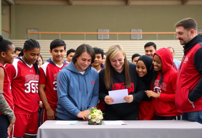 Athletes and coaches celebrating a signing ceremony.
