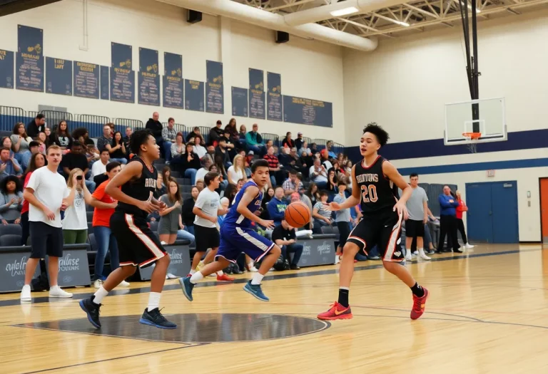 Dynamic high school basketball scene in action
