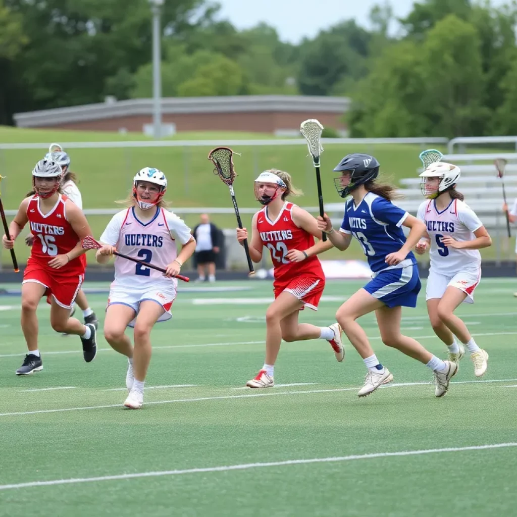 High school lacrosse players in action on the field