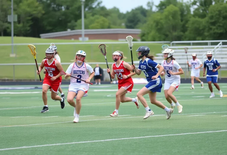 High school lacrosse players in action on the field