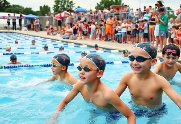 Young swimmers competing in a vibrant swim meet