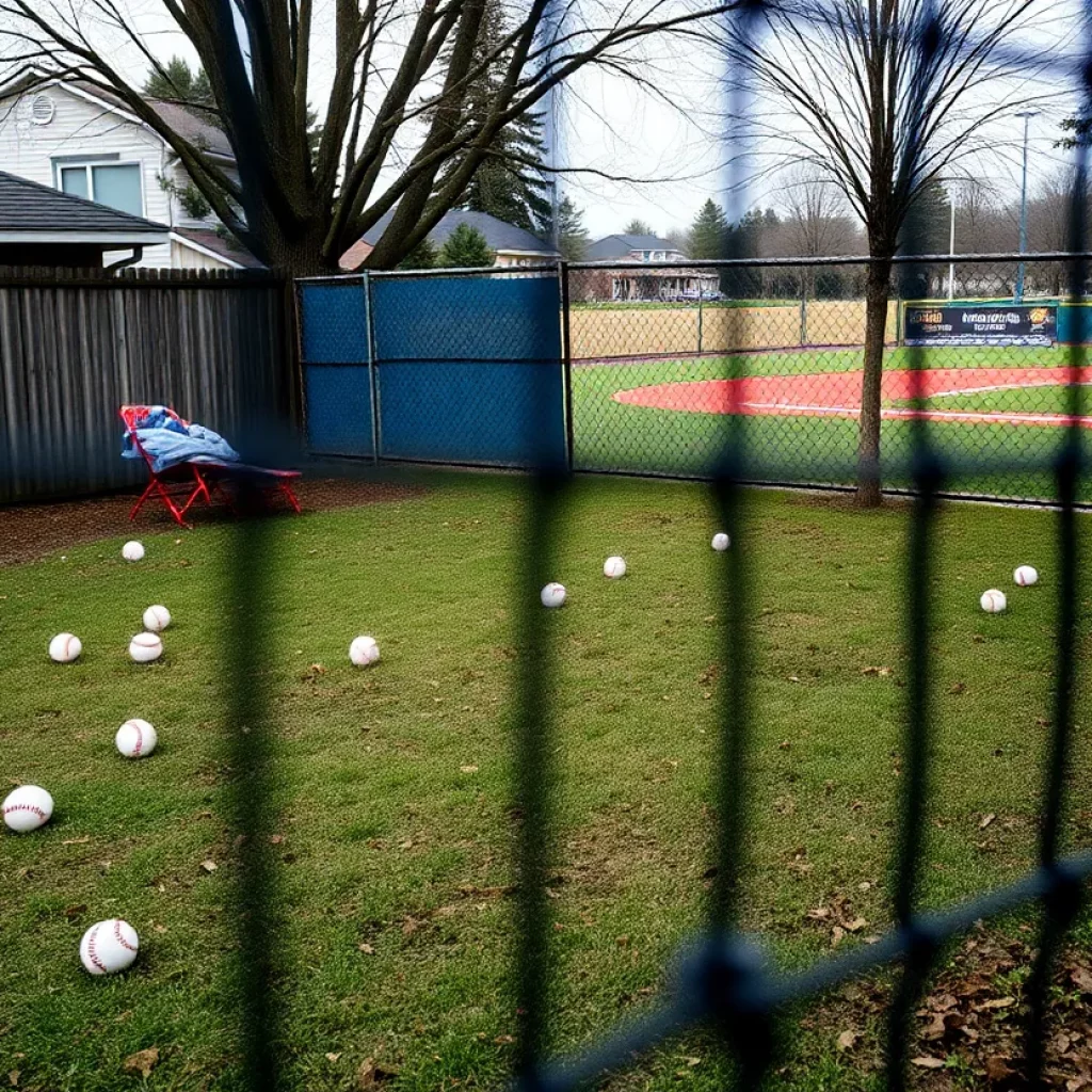 Backyard with baseballs and a baseball field in distance