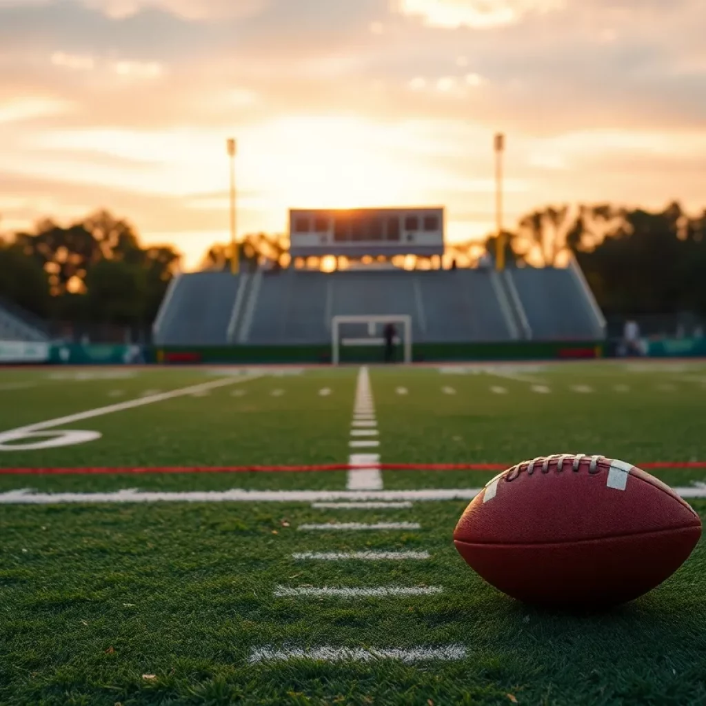 Empty football field at Chino Valley High School during sunset