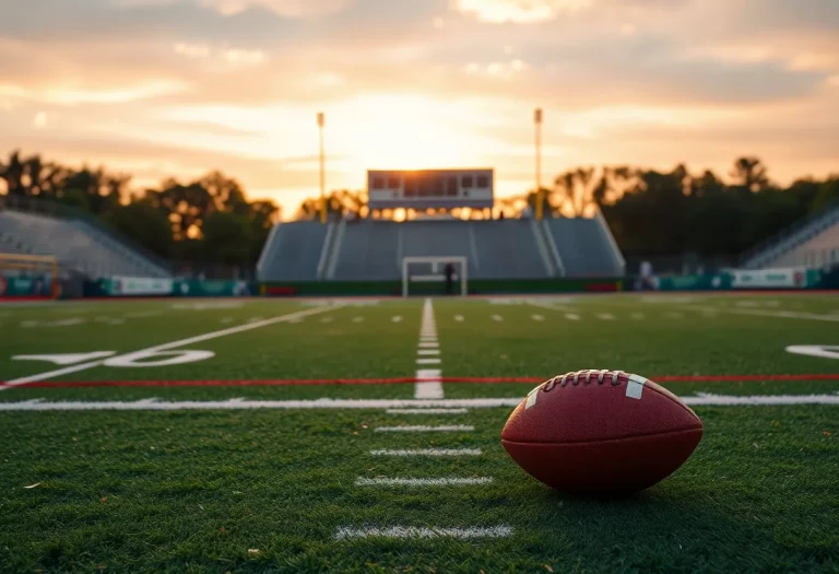 Empty football field at Chino Valley High School during sunset