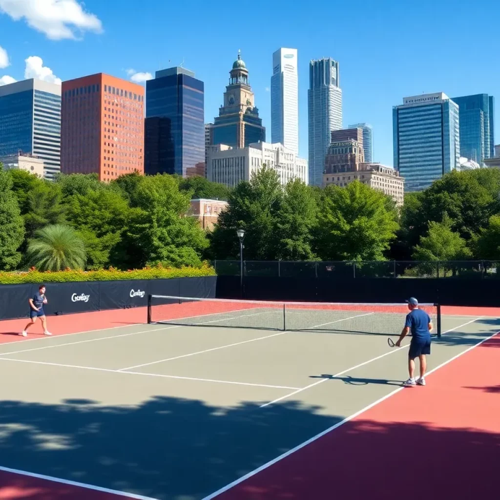 Tennis players practicing on a court in Cincinnati with the skyline in the background.