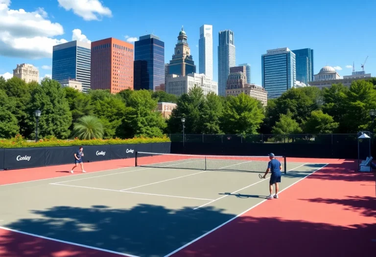 Tennis players practicing on a court in Cincinnati with the skyline in the background.