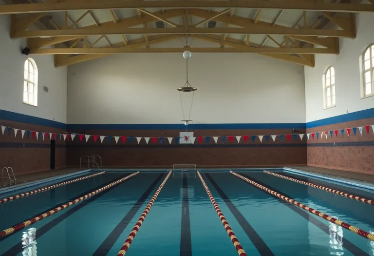 An empty school swimming pool representing the naked swimming tradition