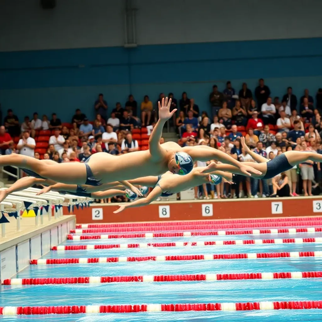 Swimmers competing at a state championship event with enthusiastic crowd