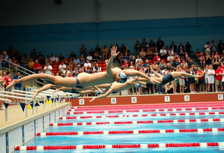 Swimmers competing at a state championship event with enthusiastic crowd