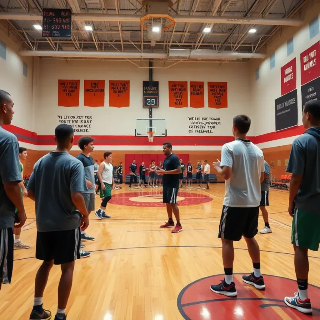High school basketball players practicing under the guidance of a coach