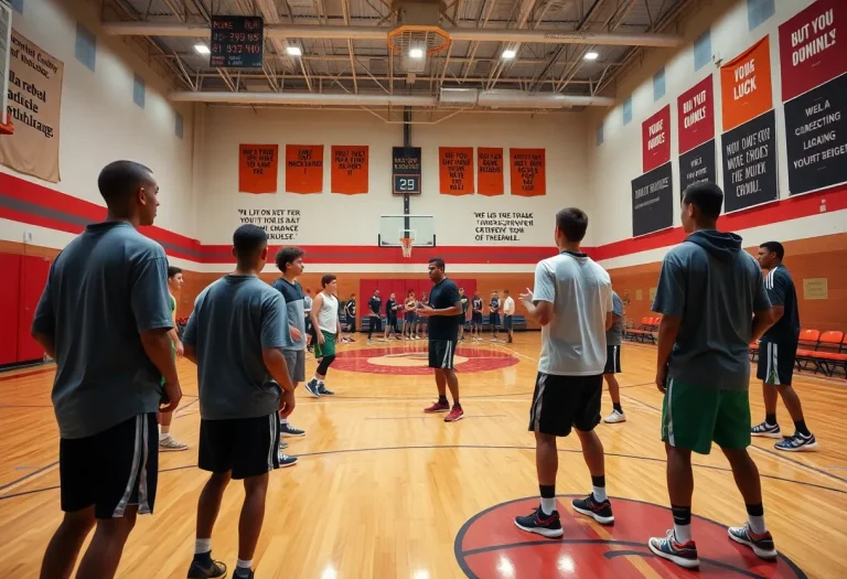 High school basketball players practicing under the guidance of a coach