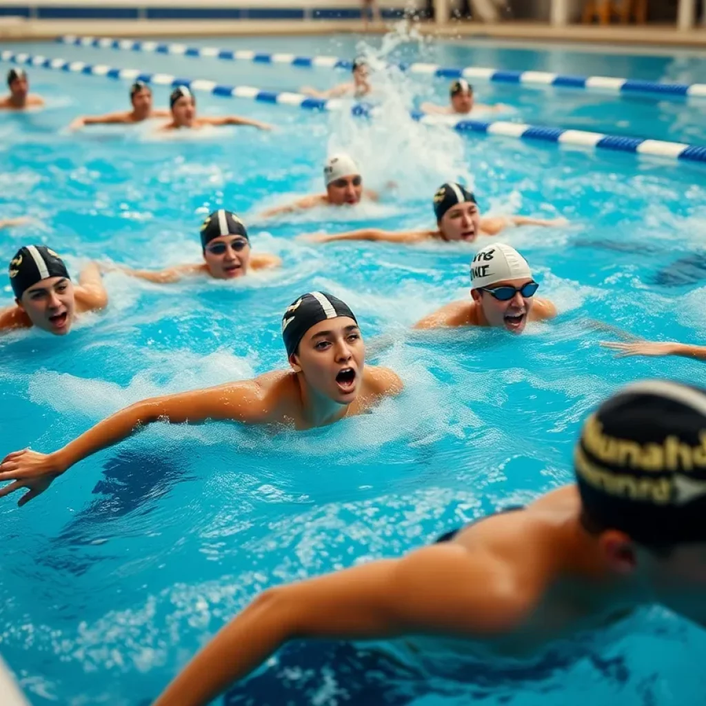 Swimmers training in a pool showcasing teamwork and dedication.