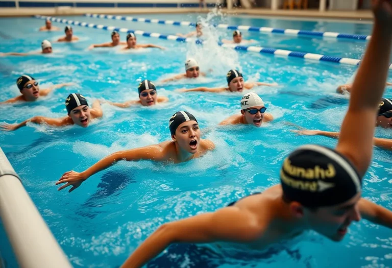 Swimmers training in a pool showcasing teamwork and dedication.