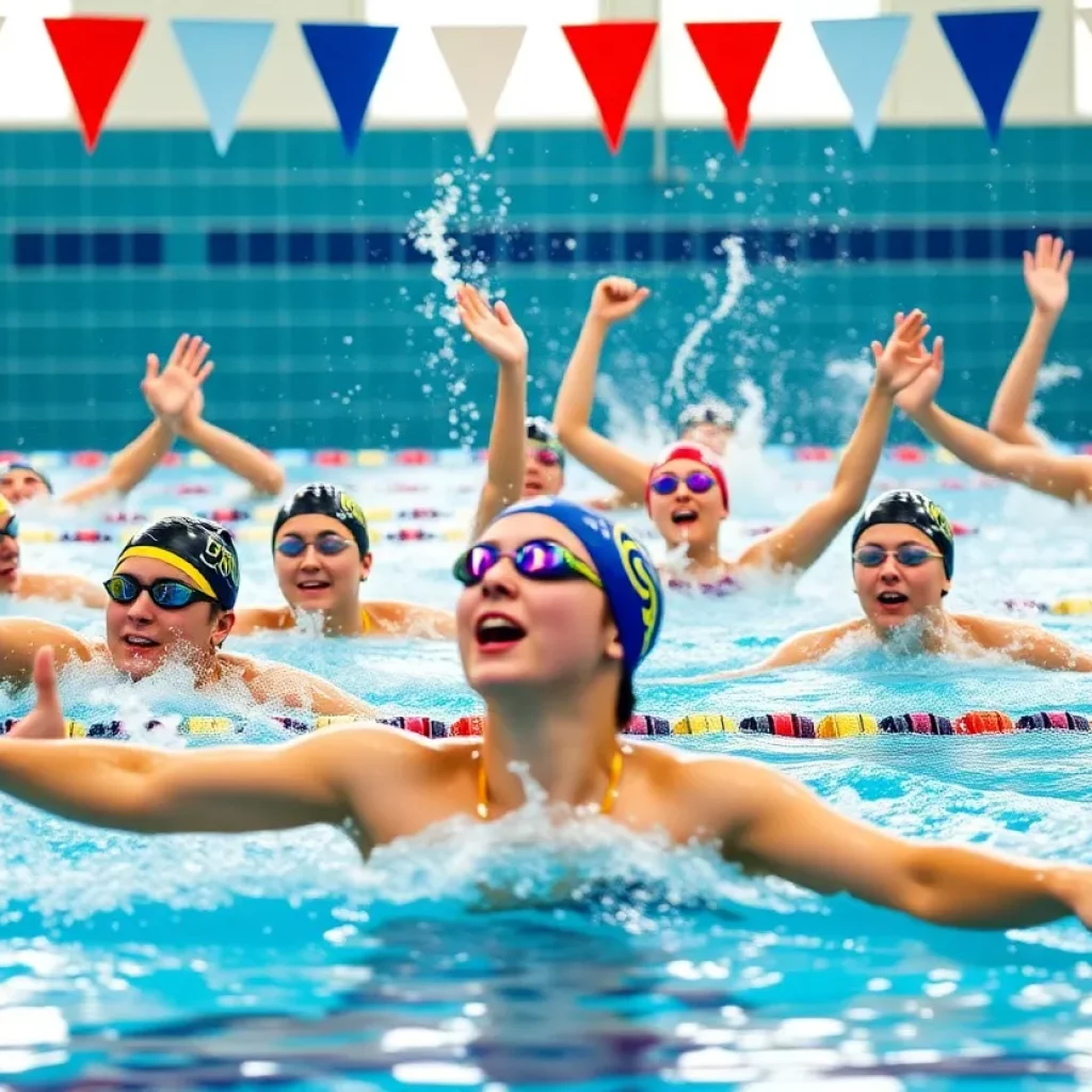 High school swimmers competing in a pool during a race