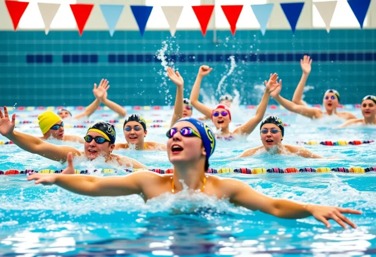 High school swimmers competing in a pool during a race