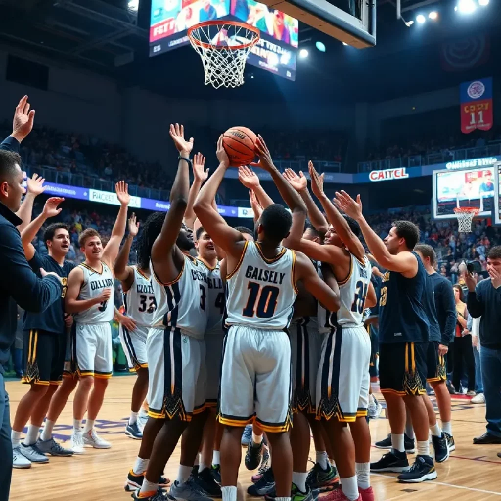 Columbus basketball team celebrates their Chipotle Nationals championship victory.