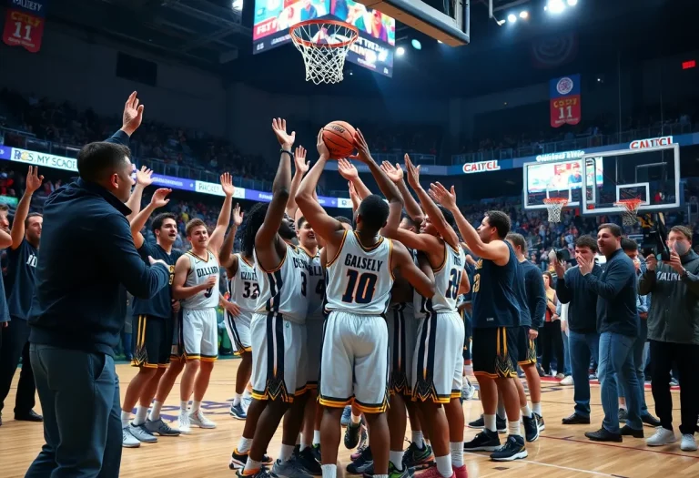 Columbus basketball team celebrates their Chipotle Nationals championship victory.