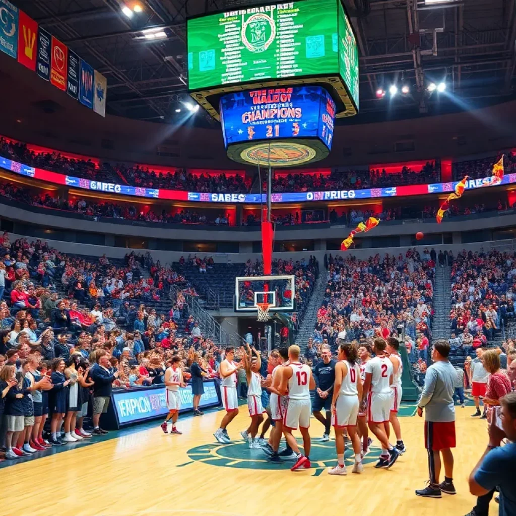 Fans celebrating in a basketball arena after the Columbus victory.