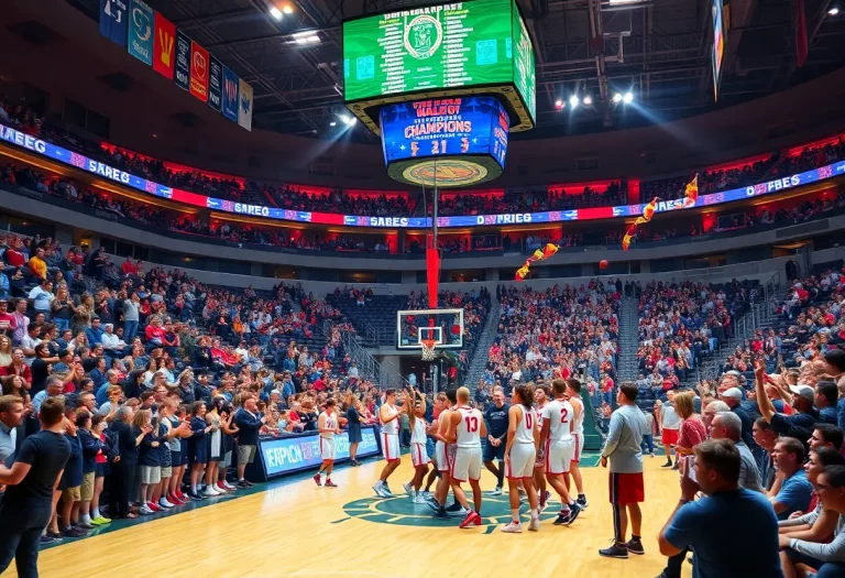 Fans celebrating in a basketball arena after the Columbus victory.