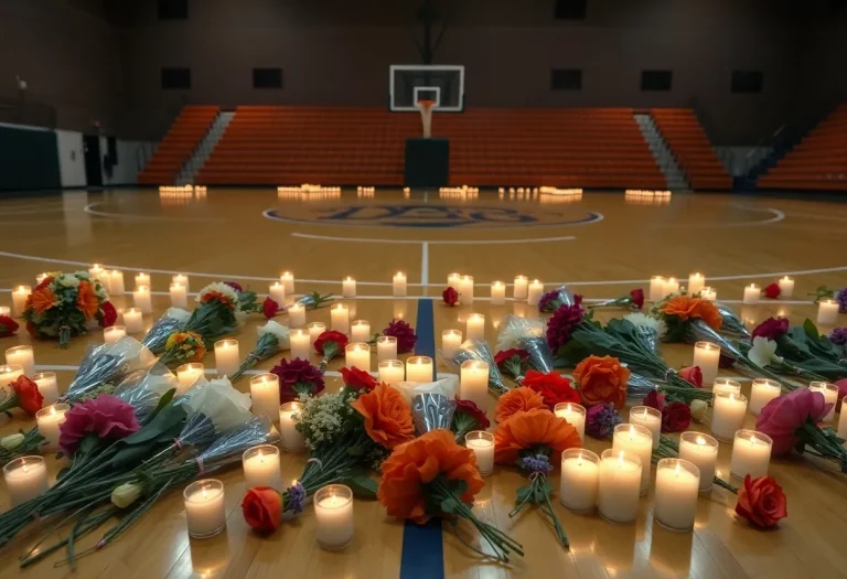 Candles and flowers at a basketball court in memory of Coach Williams