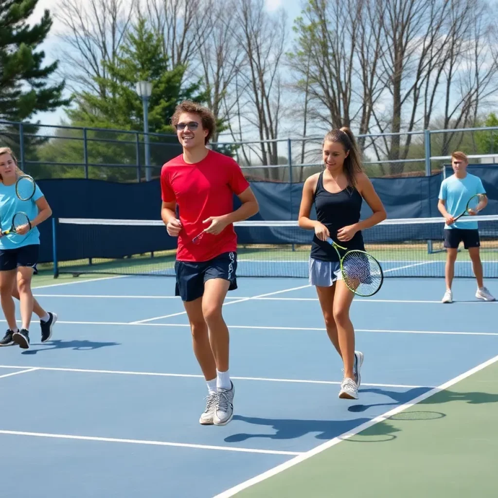 Concord High School tennis players warming up on the court