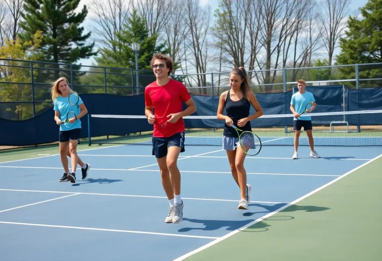 Concord High School tennis players warming up on the court