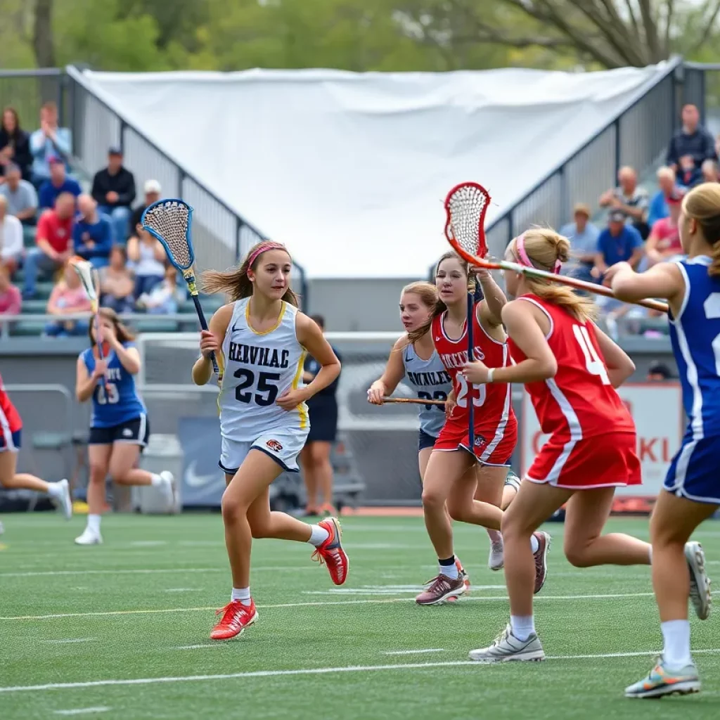 Girls playing lacrosse during a competitive match in Connecticut.