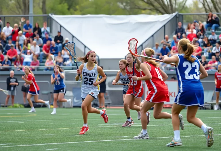 Girls playing lacrosse during a competitive match in Connecticut.