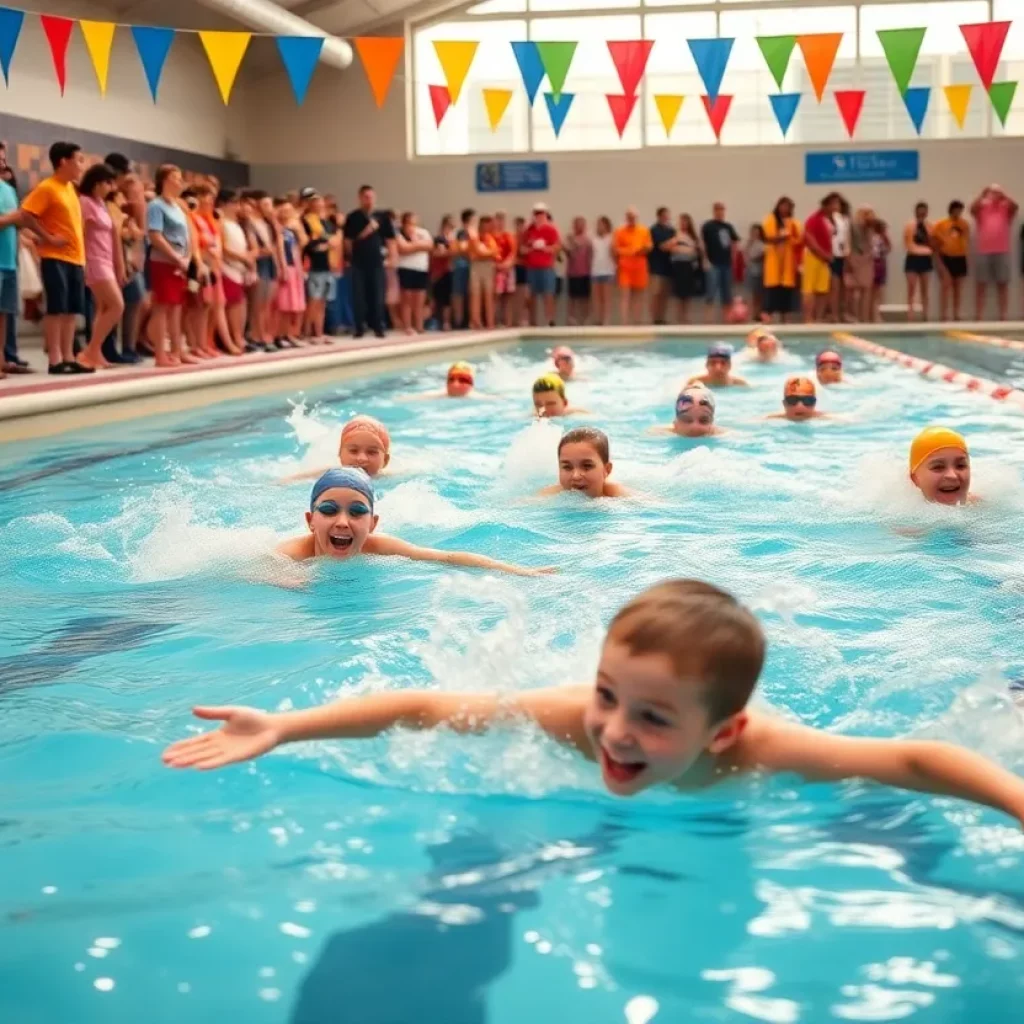 Children participating in the first elementary school swim meet in Corbin, Kentucky