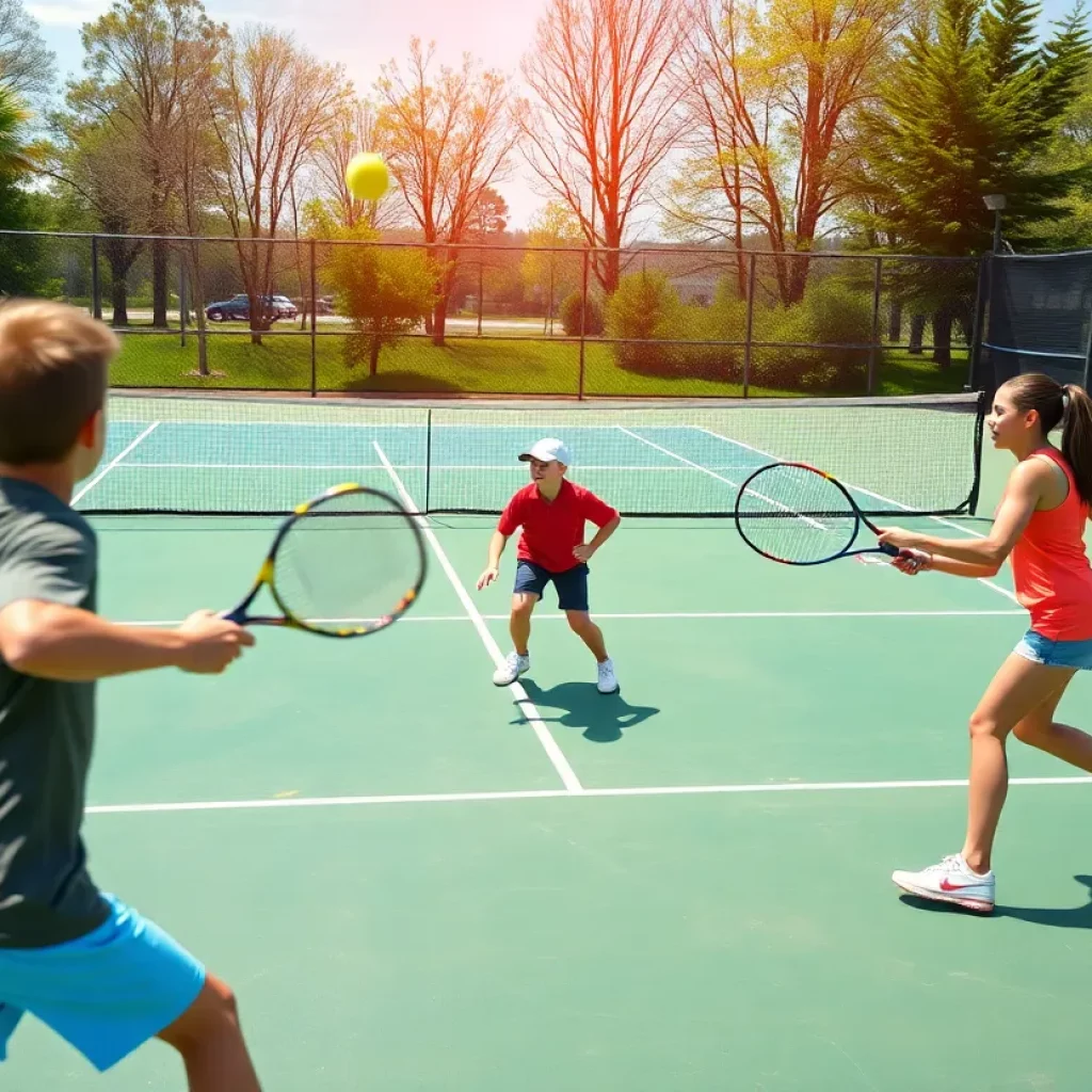 High school tennis players in action during a match