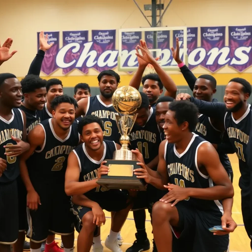 Creekside Seminoles basketball team celebrating their championship victory.