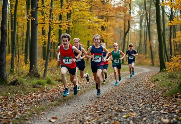 A group of young runners competing in a cross country race