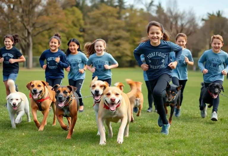 Young athletes running with shelter dogs in a park