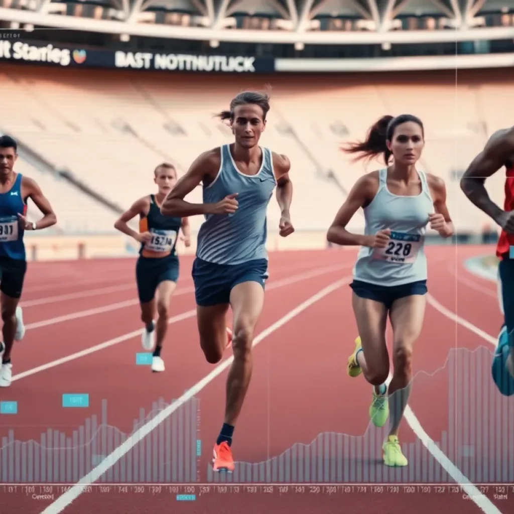 Athletes competing in track and field with data analysis graphics overlay