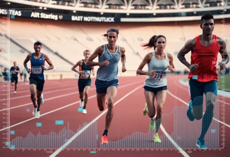 Athletes competing in track and field with data analysis graphics overlay