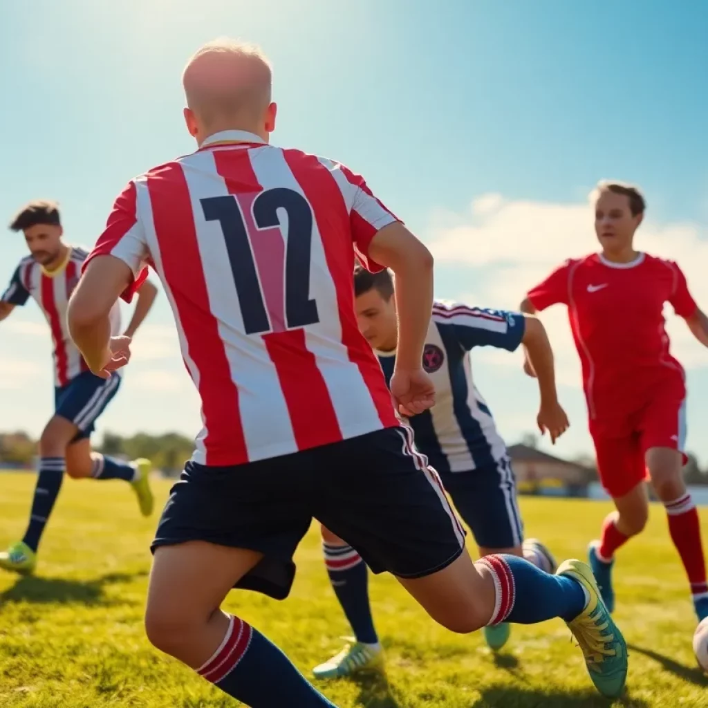 Soccer players in action on the field during a match