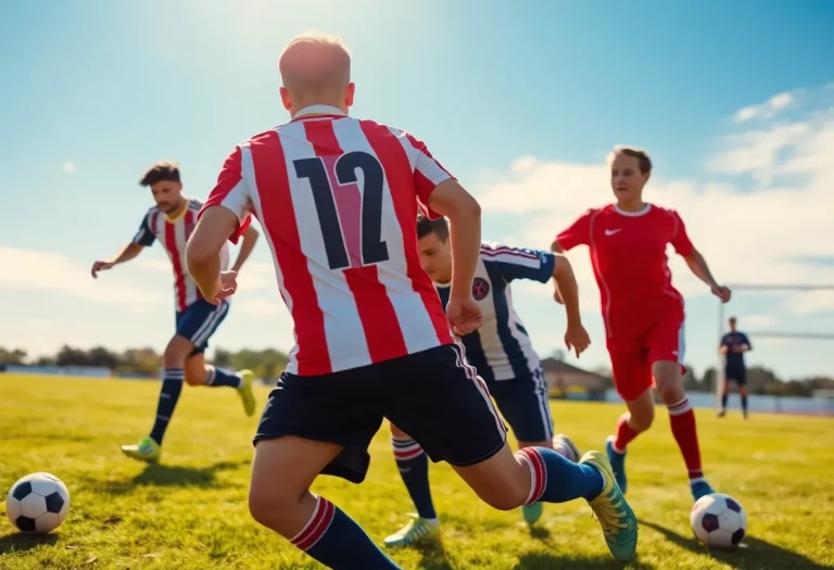 Soccer players in action on the field during a match